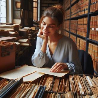 Frau die in einem Archiv sitzt und Dokumente studiert