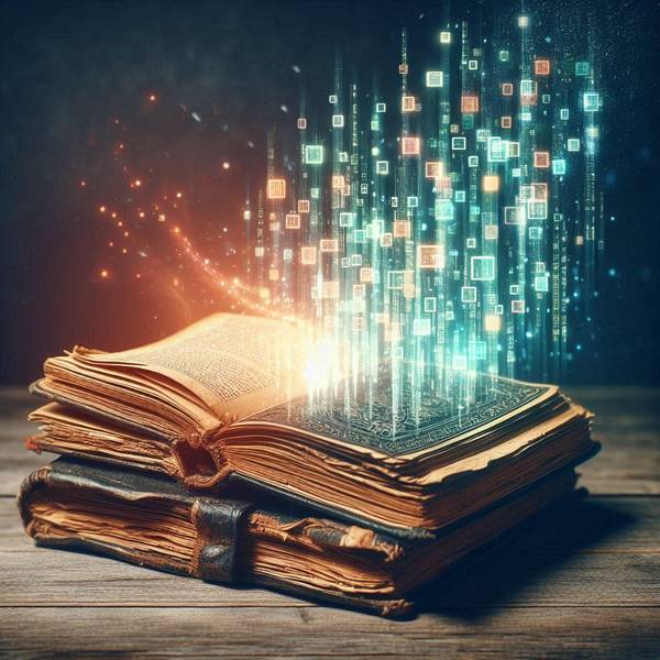 Illustration eines Buches, welches digital wird.