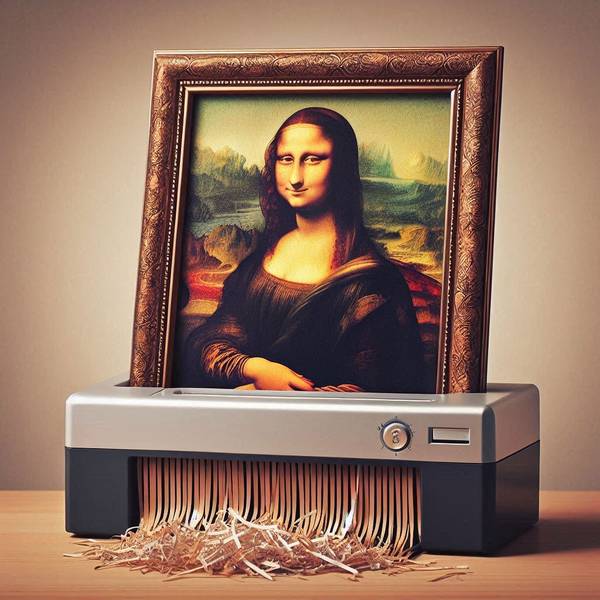 Ein KI generiertes Bild der Mona Lisa in einem Aktenvernichter.